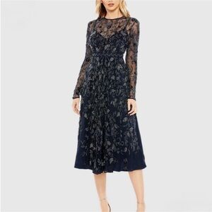 Mac Duggal 10799 Navy Embellished Illusion A Line Midi Gown, Size 14, MSRP $598